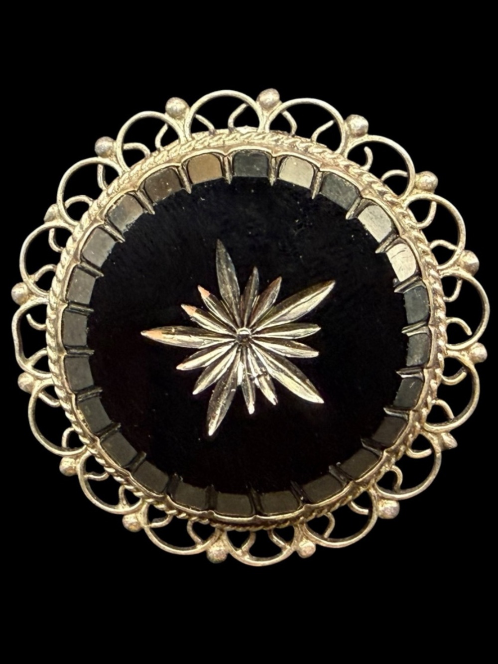 925 Sterling Silver Mexico Carved Hematite Brooch Pendant Filigree Vintage